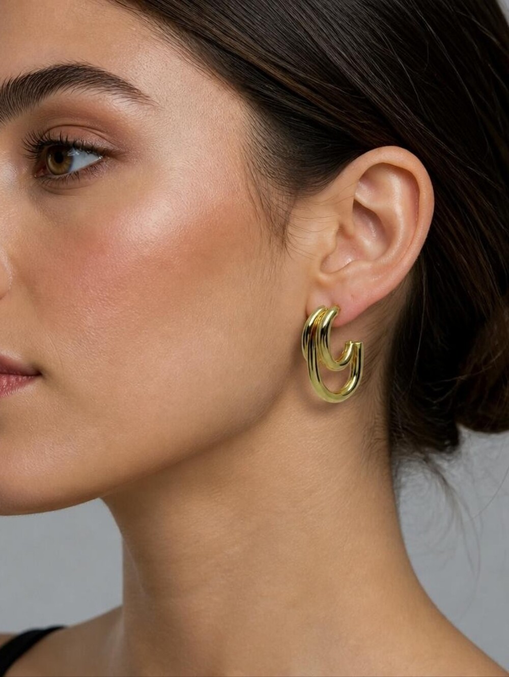 Gold Double Hoop Earrings Chubby Oval Huggie Hoops Statement - Picture 2 of 12